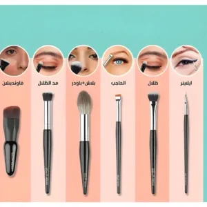 Guide visuel de 6 pinceaux de maquillage : teint, fard à paupières, poudre, sourcils, estompeur et liner de précision.