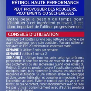 Texte informatif bleu et rouge détaillant les étapes d'introduction progressive du rétinol dans une routine de soin.