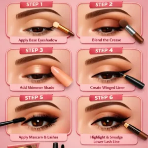 Infographie en 6 étapes pour un maquillage des yeux : base, estompage, paillettes, liner, mascara et ras de cils inférieur.