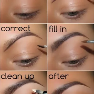 Tutoriel en 6 étapes montrant l'application du maquillage sur un sourcil pour définir, remplir et sublimer le regard.