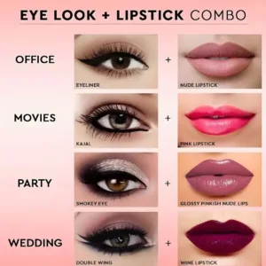 Infographie montrant 4 duos maquillage : Office (Nude), Movies (Rose), Party (Smokey) et Wedding (Bordeaux/Double Wing).