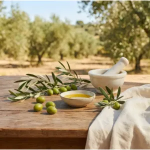 Olives fraîches, huile dorée et mortier sur table en bois dans un verger ensoleillé, illustrant les actifs naturels.