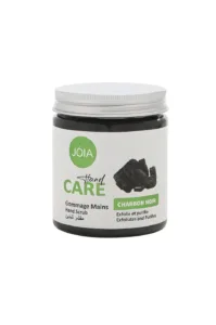 Pot de gommage mains JOIA au charbon noir, texture exfoliante purifiante pour une peau douce et revitalisée.