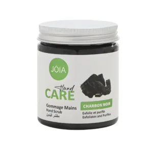 Pot de gommage mains JOIA au charbon noir, texture exfoliante purifiante pour une peau douce et revitalisée.
