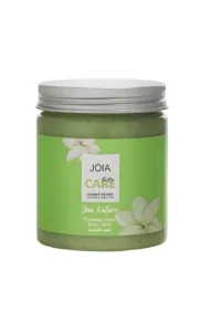 Pot de gommage corps JOIA Nature Jasmin et Thé Vert, texture verte aux particules exfoliantes, couvercle argenté.