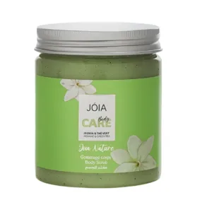 Pot de gommage corps JOIA Nature Jasmin et Thé Vert, texture verte aux particules exfoliantes, couvercle argenté.