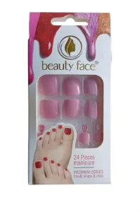 Boîte de 24 capsules de faux ongles pour pieds Beauty Face, coloris rose uni brillant, gamme Premium Series Trendy Shape.
