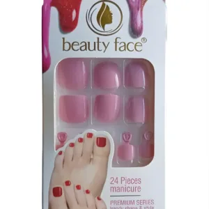 Boîte de 24 capsules de faux ongles pour pieds Beauty Face, coloris rose uni brillant, gamme Premium Series Trendy Shape.