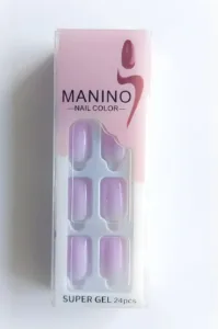 Boîte de 24 faux ongles Manino Super Gel coloris lilas pastel brillant, présentés dans un emballage vertical rose et blanc.