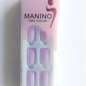 Boîte de 24 faux ongles Manino Super Gel coloris lilas pastel brillant, présentés dans un emballage vertical rose et blanc.