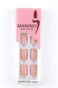 Boîte de 24 faux ongles Manino Super Gel coloris rose saumon brillant, présentés dans un emballage vertical rose et blanc.