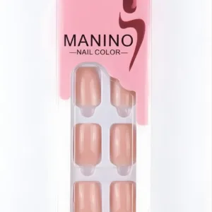Boîte de 24 faux ongles Manino Super Gel coloris rose saumon brillant, présentés dans un emballage vertical rose et blanc.