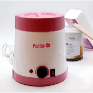 Appareil chauffe-cire Pollié 800ml avec son couvercle rose, un pot de cire au miel Rica et une spatule en bois.