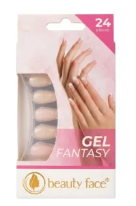 Boîte rose d'ongles à coller Beauty Face Gel Fantasy. Contient 24 pièces, vue sur la fenêtre transparente et visuel de main.