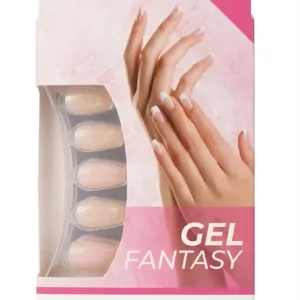 Boîte rose d'ongles à coller Beauty Face Gel Fantasy. Contient 24 pièces, vue sur la fenêtre transparente et visuel de main.