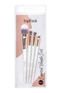 Set de 4 pinceaux Topface avec manche blanc et virole dorée : fond de teint, correcteur, fard à paupières et sourcils.