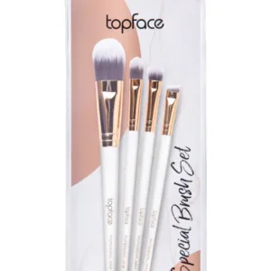 Set de 4 pinceaux Topface avec manche blanc et virole dorée : fond de teint, correcteur, fard à paupières et sourcils.