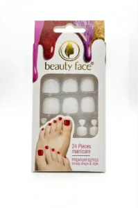 Boîte d'emballage de faux ongles d'orteil Beauty Face, couleur blanc brillant. 24 pièces avec photo d'un pied à ongles rouges.