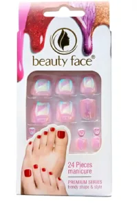 Boîte de faux ongles pour pieds irisés Beauty Face. Affiche 24 pièces, visuel de pied avec orteils rouges.