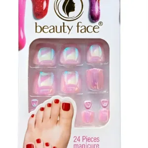 Boîte de faux ongles pour pieds irisés Beauty Face. Affiche 24 pièces, visuel de pied avec orteils rouges.