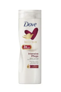 Flacon de lait corps Dove Body Love Intensive Pflege blanc avec logo doré et cœur bordeaux, pour l'hydratation des peaux sèches.