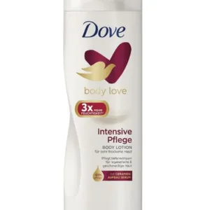 Flacon de lait corps Dove Body Love Intensive Pflege blanc avec logo doré et cœur bordeaux, pour l'hydratation des peaux sèches.