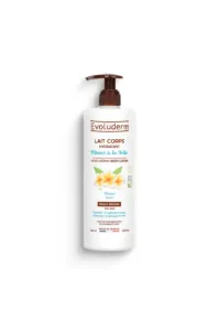 Flacon pompe de lait corps hydratant Evoluderm au Monoï de Tahiti pour peaux sèches, format 500ml fabriqué en France.