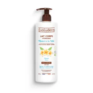 Flacon pompe de lait corps hydratant Evoluderm au Monoï de Tahiti pour peaux sèches, format 500ml fabriqué en France.