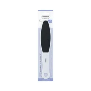 Lime à pied double face Titania 3020 avec manche ergonomique blanc et surface abrasive noire pour le soin des pieds.