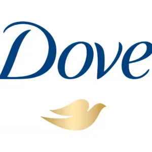 Logo officiel Dove avec typographie bleue cursive et symbole de l'oiseau doré au centre sur fond blanc épuré.