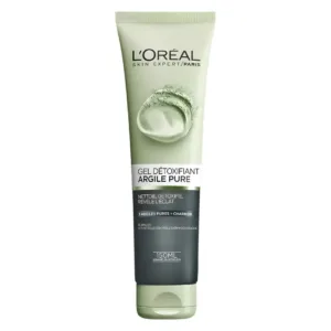 Tube vertical de Gel Détoxifiant L'Oréal Argile Pure et Charbon sur fond blanc, format 150ml pour usage quotidien.