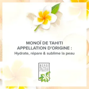 Logo Monoï de Tahiti Appellation d'Origine avec fleur de tiaré sur sable. Ingrédient naturel qui hydrate et répare la peau.
