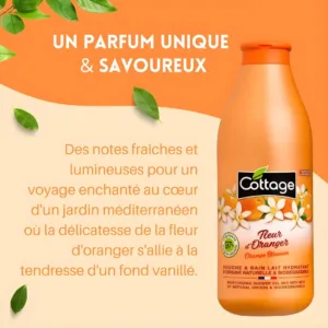 Gel douche Cottage Fleur d'Oranger et fond vanillé. Notes fraîches et lumineuses, 97% d'origine naturelle.