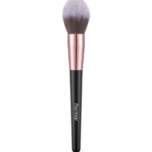Pinceau à poudre Flormar avec manche noir, ferrule rose doré et poils denses bicolores pour un fini naturel.
