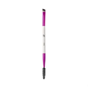 Pinceau sourcils blanc avec embouts fuchsia, doté d'une pointe biseautée précise et d'une brosse goupillon noire.