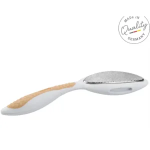 Vue de profil d'une râpe anti-callosités Titania blanche avec manche Soft-Touch beige et tête incurvée.