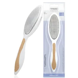 Râpe à pieds ergonomique Titania blanche et beige avec face en acier inoxydable et lime en émeri.