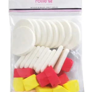 Sachet transparent Pollié contenant 33 éponges de maquillage de formes variées : disques blancs, carrés et blocs colorés.