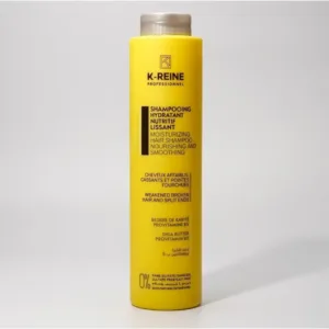 Flacon jaune de shampooing nutritif K-REINE pour cheveux affaiblis, enrichi au beurre de karité et provitamine B5.