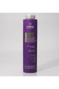 Flacon de shampooing violet K-Reine Professionnel 500ml, soin restructurant à la kératine et huile d’argan pour cheveux.