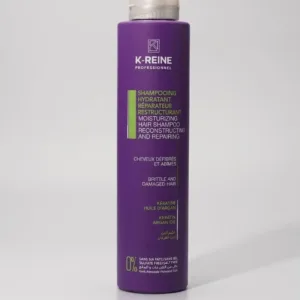 Flacon de shampooing violet K-Reine Professionnel 500ml, soin restructurant à la kératine et huile d’argan pour cheveux.