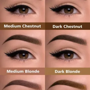 Nuancier de 6 teintes de sourcils allant du blond au noir pour illustrer le rendu naturel après maquillage de précision.