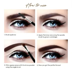 Guide en 4 étapes pour maquiller les sourcils : brosser, appliquer la cire, remplir au pinceau et admirer le résultat.