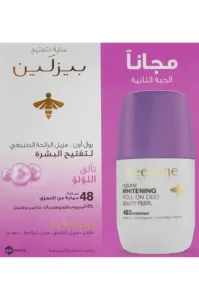 Déodorant roll-on Beesline Beauty Pearl violet et blanc, soin naturel éclaircissant sans aluminium, protection 48h.