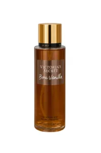 Flacon cylindrique transparent de brume parfumée Bare Vanilla de Victoria's Secret avec un bouchon doré brillant, sur fond blanc.