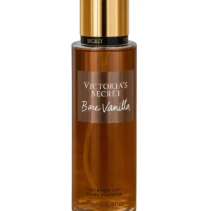 Flacon cylindrique transparent de brume parfumée Bare Vanilla de Victoria's Secret avec un bouchon doré brillant, sur fond blanc.