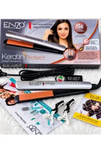 Lisseur professionnel ENZO Keratin Protect EN-3800 avec revêtement céramique kératine et huile d'argan, 5 températures, accessoires et notice inclus.