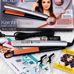 Lisseur professionnel ENZO Keratin Protect EN-3800 avec revêtement céramique kératine et huile d'argan, 5 températures, accessoires et notice inclus.