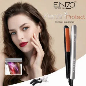 Lisseur ENZO Keratin Protect avec écran tactile, plaques céramique et pinces incluses, présenté avec une jeune femme.