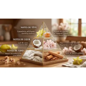 Infographie en pyramide de verre détaillant les notes de tête, de cœur et de fond du parfum Velvet Petals pour le corps.